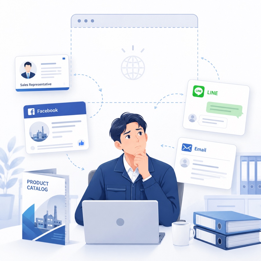 工廠沒有正式官網，只能靠業務、Facebook、型錄與 LINE 傳遞產品資訊的示意圖